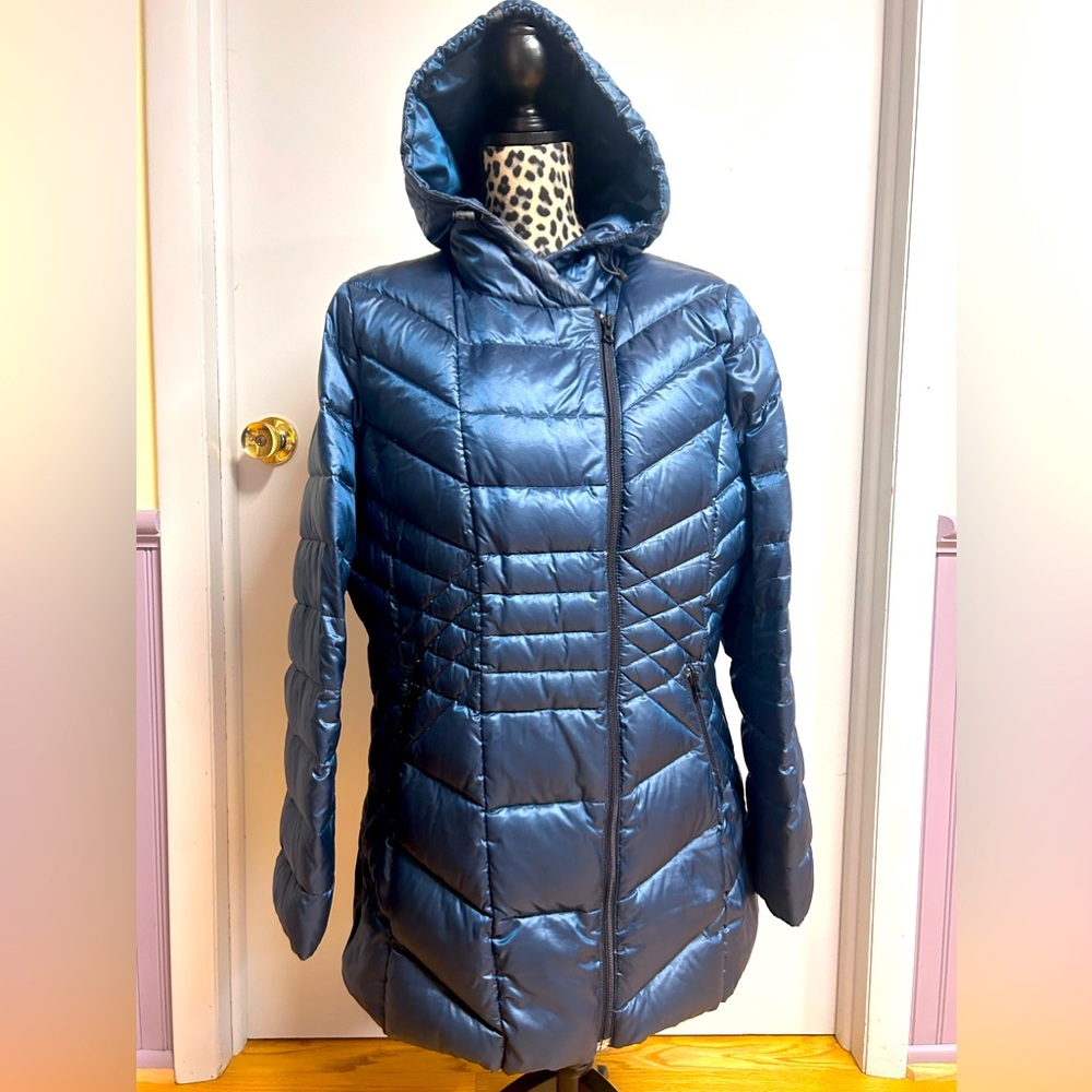 Halogen Greenish Blue Quilted Hooded Women's Zip Jacket Down Coat Size:XL